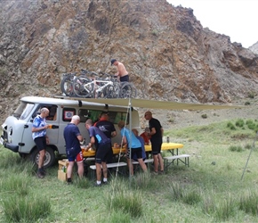 Setting up for lunch after the morning transfer