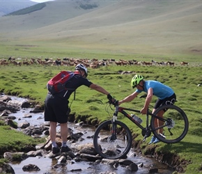 John helps Muriel across stream