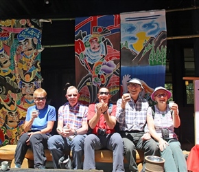 Angela, Ken, Steve, Jack and Christine at coffee shop in Yufuin