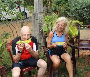 Tim and Gilly in to sweetcorn from roadside seller, at 10pence each, great value