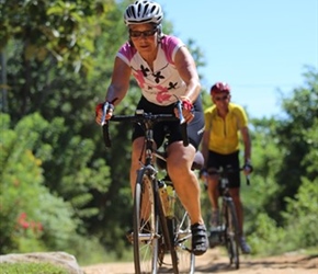 Dianne tackles the red roads which are quite do-able with normal tyres and wheels