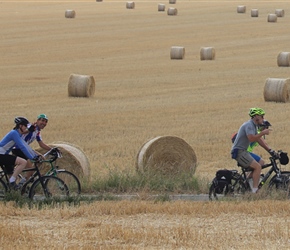 Sallie, Mark, Tom and Carrie pass Straw bales near Assesse