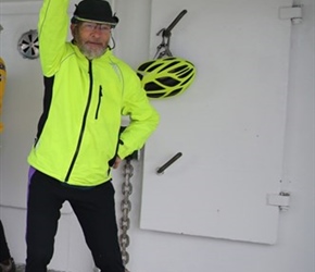 Colin holds onto the Ballstad to Nysfjord ferry