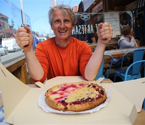 Neil and cakes in Villarica. Bought from a shop with a huge selection, I bought two and we shared them out