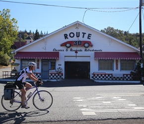 Pip passes the Porsche Route 30 cafe