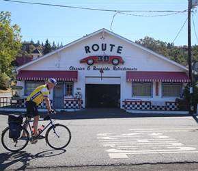 Peter  passes the Porsche Route 30 cafe