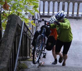 It's not just in the UK that you get steps as Peter battles with his bike