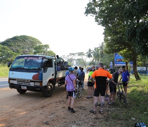 Unloading the bikes at Tambuttegama