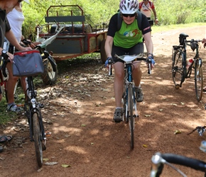 Allison tests out her trued wheel which lasted the rest of the trip