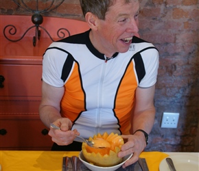 Tim decides the melon looks good for breakfast at the Barrydale Hotel