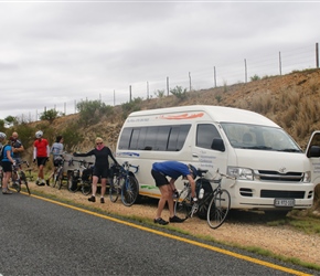 Morning stop at 40km. Yes in the middle of nowhere but with a back up vehicle with snacks...