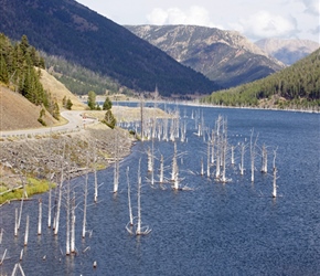 Quake Lake. It was created after an earthquake struck on August 17, 1959, killing 28 people. Today, Quake Lake is 190 feet deep and 6 miles long