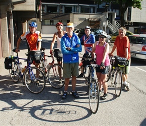 Marc, Cael, Barney, Phil, Linda and Neil outside Hotel Cerkno