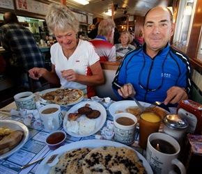 Carel and Chris admire the breakfast at the Peterborough Diner