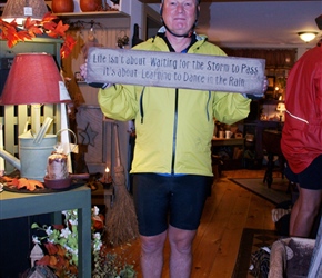 Peter with 'Dancing in the Rain' sign in Chester. Quite prophetic as this was quite a wet trip