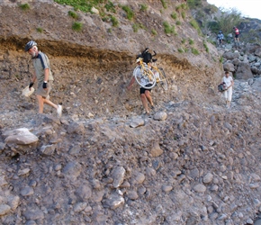 Graham carries the tandem along the rocky ledge above the Jinsha River, primary tributary of the Yangtze River