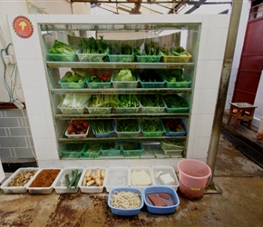 Lots of fresh ingredients for lunch and a bucket of fish RHS. This would be a theme in China for most meals, a good way to stay safe