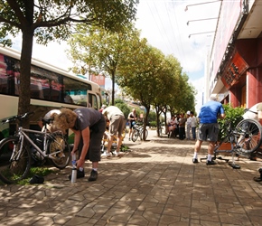 Preparing the bikes for the start of the days ride