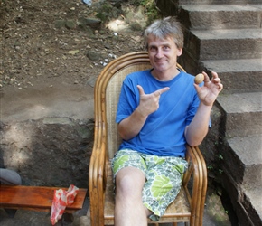 Neil with tea eggs. Boiled in tea, interesting?