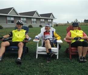 Paul, Colin and Pauline relax at L'Auberge