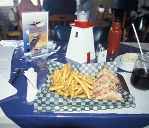 Typical meal at a dinner complete with obligatory check cloth