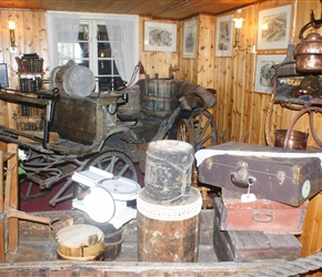 Various bits of antique Norway in the coffee shop at Polfoss. Note the unguarded bacon slicer