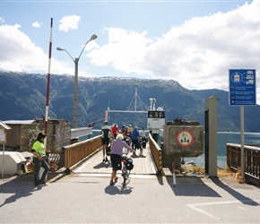 Joan gets on the ferry at Urnes