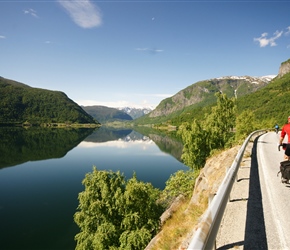 Terry with a view of Fresvikbreen from the old road between Sogndal and Fandal