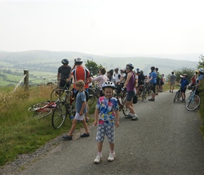 Louise et al, at the top of the first steep climb from Bridges towards Stiperstones