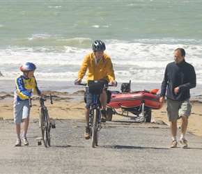 Christopher and Adrian ride the boat ramp at Pirou Plage