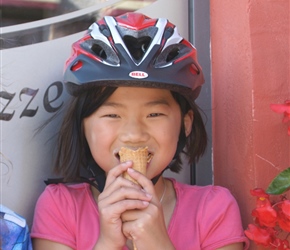 Kate enjoying an ice cream at the parlour in Ciney by the station