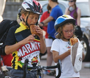 Edward and Kate croissant munching in Ciney