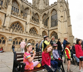 Gabriela tests out the ice cream in Abbey Courtyard, Bath