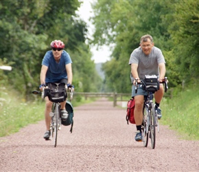 Steven Aspinall and Kames along the cycle path to Lessay