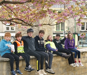 On the wall at Hobbs House Bakery eating the lovely things sold within. Oliver, Jacob, James, Sam, Gabriella, Christian and Kate