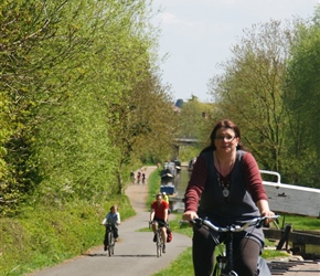 Diane along the Stratford Canal heading towards Wilmcote