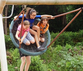 James pushing Lucy, Louise and Francis. He's pushing so hard he can't keep his feet on the ground