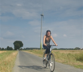 Katie passes windmill at Banzau