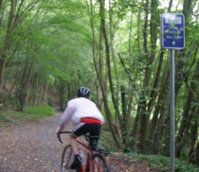 The last part of the cyclepath to Huy is off road. We'd taken the tarmac road in, time forr Ben to try the off road