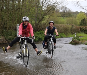 Ruby and Kate Evans through ford in Clun