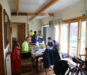 Siobhan, Eira and Jacob in cabin at Bishops Castle