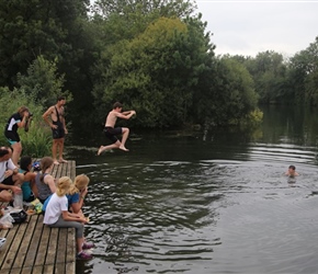 Ben jumps in river