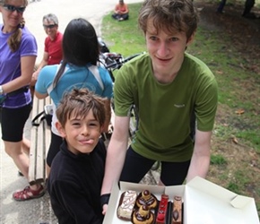 James and Harrison with patisseries in Bordeaux