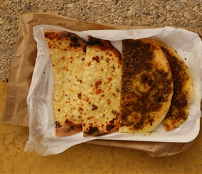 Lunch, 4 pieces of bread with a herb and cheese topping