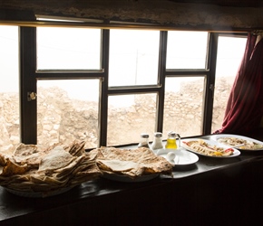 Breakfast at Dana Towers. The usual flatbread makes an appearance