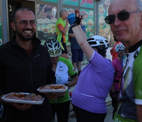 Lunchstop on the Kings Road, Mahmoud holds the baclava