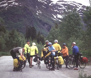 Waiting at the top of the climb to Utne