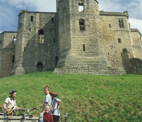 James shows of his lego knight outside Workworth Castle