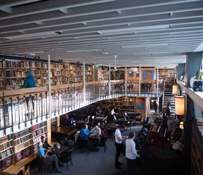 Lorna checks out the books at Mál og Menning bookstore. A combination of book seeker, cafe, bar and music venue