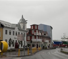 Geirsgata street. Note the fishing boats in dry dock at the end of the street